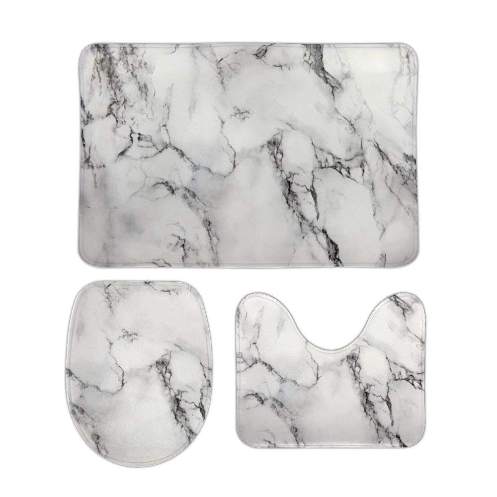 3Pcs/SetWhite Black and Grey Grain Marble Stone Bathroom Rug Set?Anti-Slip Absorbent Bathroom Rug U-Shaped Toilet Mat Toilet Seat Cover