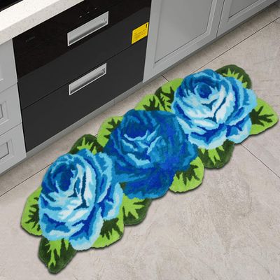 ABREEZE Rose Rug Floor Runner Handmade Rug Blue Floral Mats Anti-Slip(Non-Slip) Modern Carpet Washable Floor Mats for Bedroom/Sofa/Bathroom (3 Roses Runner, Blue)