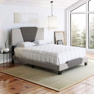 Boyd Sleep Tuscany Two Tone Panel Upholstered Platform Bed with Headboard, Foundation with Strong Wood 4-Slat Supports, Requires Box Spring: Brown/Taupe Linen, Size Queen