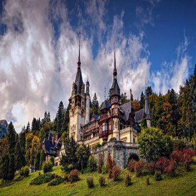 Iconic Arts Laminated 24x36 Poster: Architecture Castle Cloud peles Castle Romania 4k hd Travel HD
