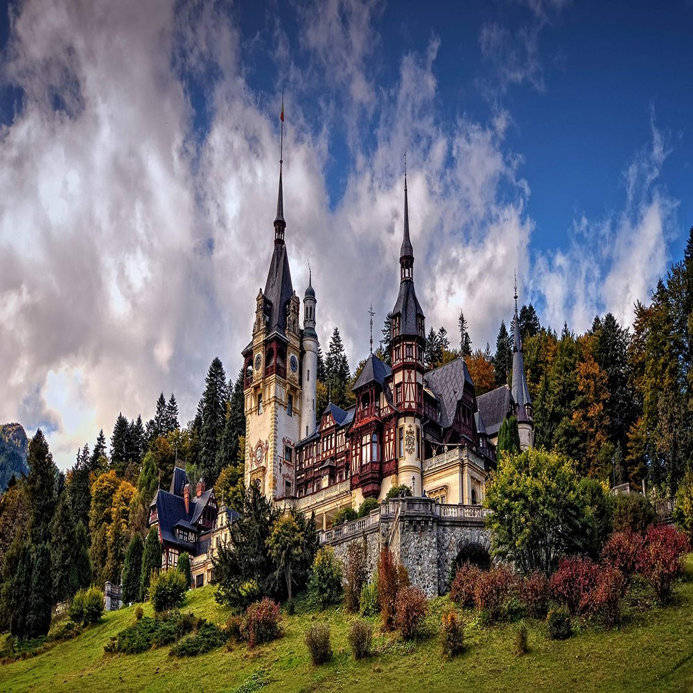 Iconic Arts Laminated 24x36 Poster: Architecture Castle Cloud peles Castle Romania 4k hd Travel HD