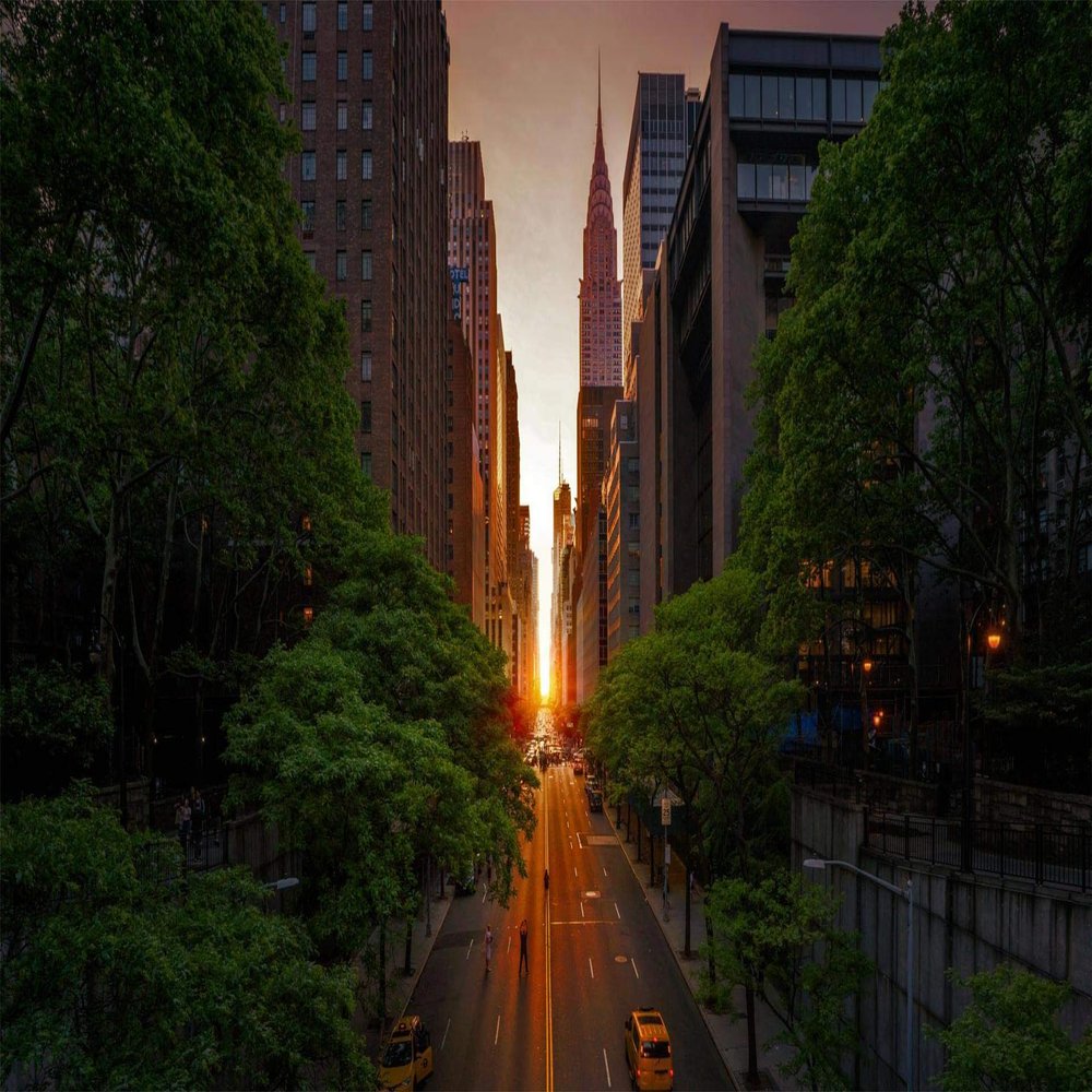 Iconic Arts Laminated 24x36 Poster: Tudor City Road Between high Rising Buildings and Green Trees hd Travel HD