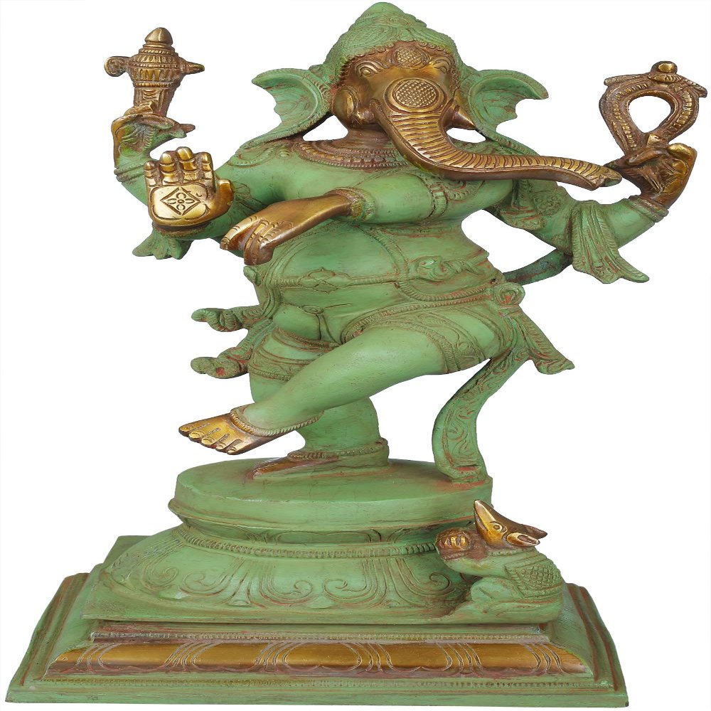 Exotic India Adorably Dancing Ganesha - Brass Statue - Color Patina Gold Color