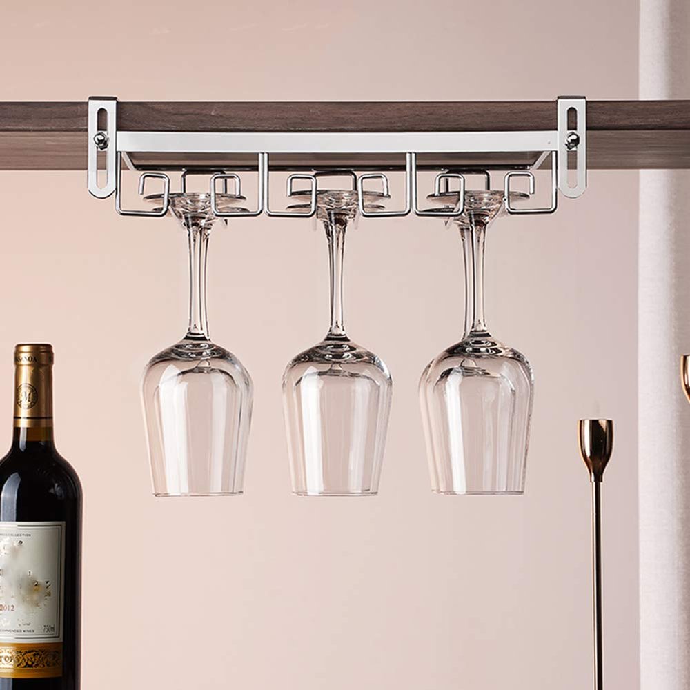 Adjustable Wine Glass Rack Under Cabinet, Hanging Wine Glass Holder and Bottle Rack, for Kitchen Bar, Restaurant, Black/White/Gold/Bronze, No Drilling