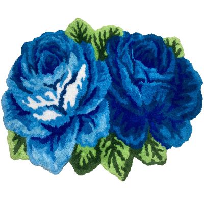 ABREEZE Shabby Rose Shaped Rug Floor Handmade Rug Blue Floral Mats Anti-Slip(Non-Slip) Modern Carpet Washable Floor Mats for Bedroom/Kitchen/Sofa/Bathroom/Farmhouse/Toilet (2 Roses, Blue)