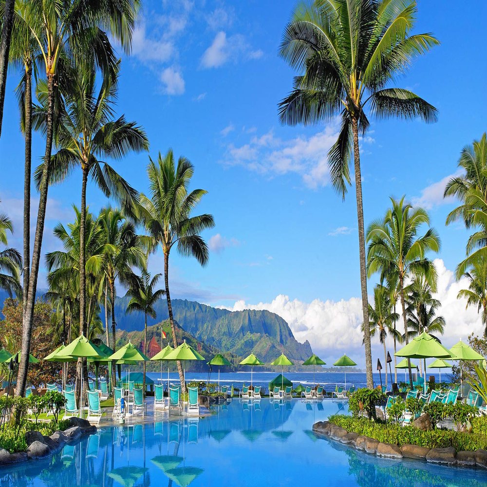Iconic Arts Laminated 24x36 Poster: Hawaii Hotel Mountain Palm Tree Pool Resort with Reflection hd Travel HD