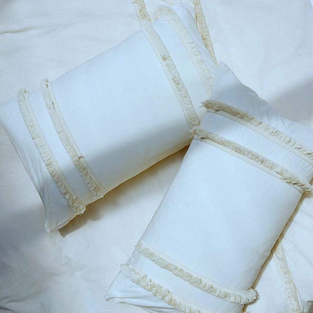 Bed Fringes Bedding Pom Pom UO Pillow Throw Cover Cushion Bed Bohemian Sham Sofa Tassels Cotton Pillow Cover Set of 2 (White Small Tassels, 20x20 Inches)