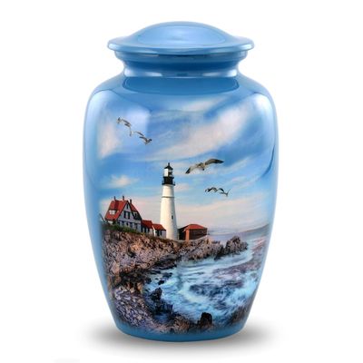 Lighthouse Urn - Full Size Portland Head Lighthouse Cremation Urn Adult Urns for Men and Women Ocean Blue Funeral and Memorial Urns for Human Ashes Upto 210 Lbs with Velvet Bag (Large)
