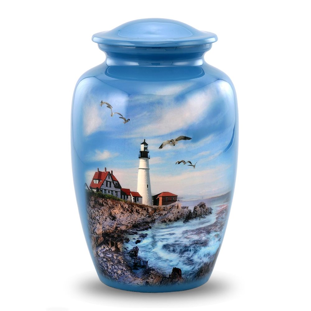 Lighthouse Urn - Full Size Portland Head Lighthouse Cremation Urn Adult Urns for Men and Women Ocean Blue Funeral and Memorial Urns for Human Ashes Upto 210 Lbs with Velvet Bag (Large)
