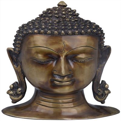 Exotic India Tibetan Buddhist Lord Buddha Head - Brass Statue - Color Antique Color