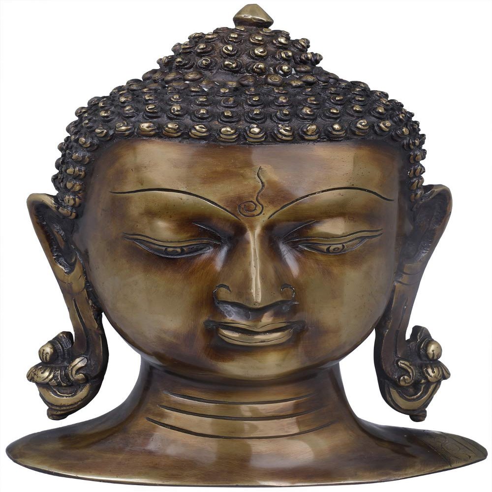 Exotic India Tibetan Buddhist Lord Buddha Head - Brass Statue - Color Antique Color