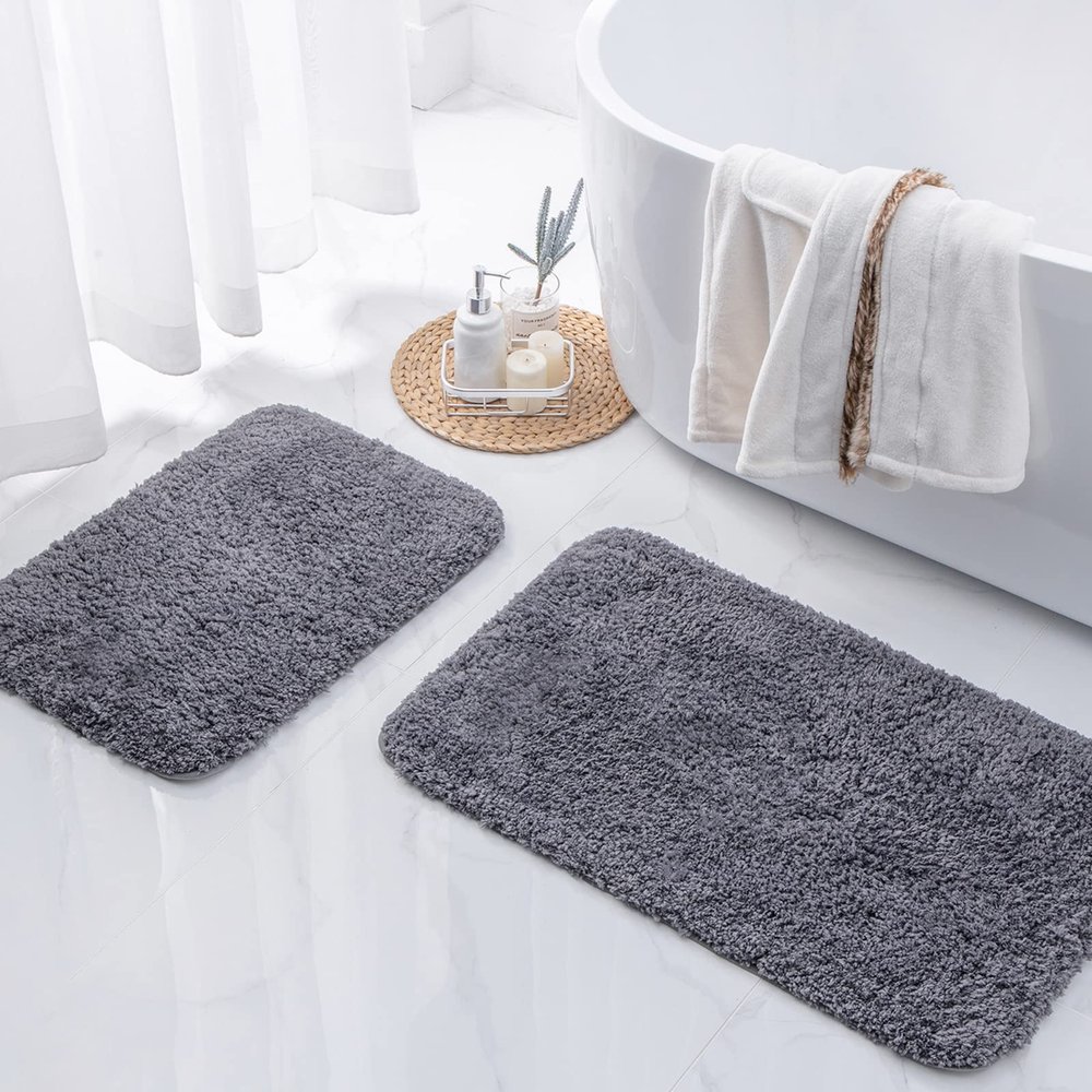 Ashler Bathroom Rugs Set of 2, Dark Grey Bath Rugs 2 Piece, Water Absorbing Bath Mat, Soft Microfiber Rectangle Bathroom Carpet, Machine Washable - 17x24 & 20x32 Inches