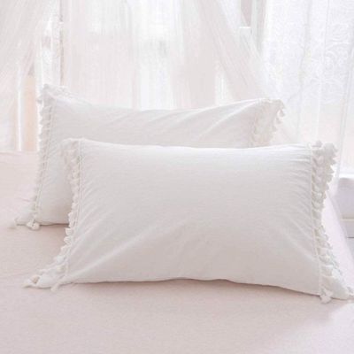 Bed Fringes Bedding Pom Pom UO Pillow Throw Cover Cushion Bed Bohemian Sham Sofa Tassels Cotton Pillow Cover Set of 2 (White Bell, 22x22 Inches)