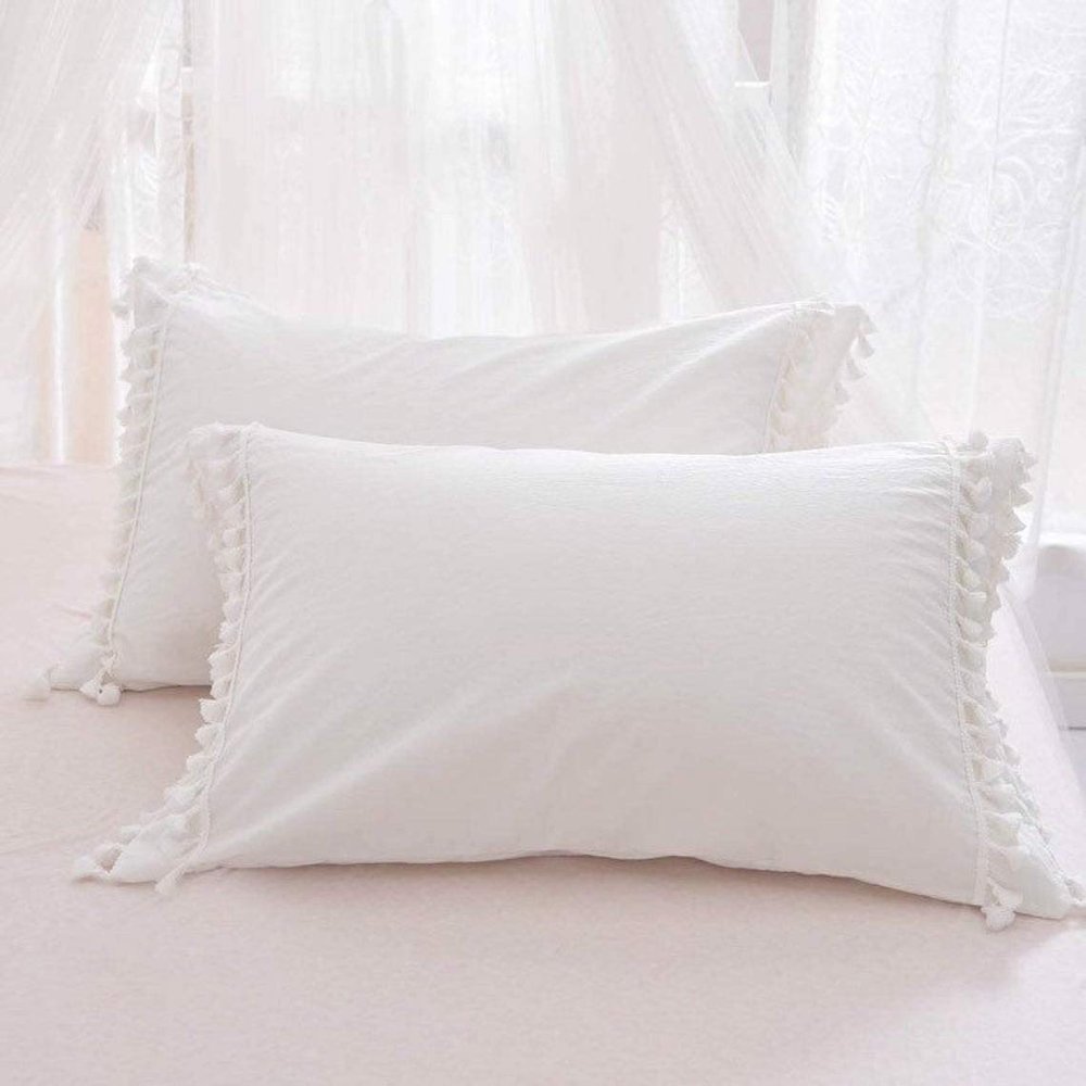 Bed Fringes Bedding Pom Pom UO Pillow Throw Cover Cushion Bed Bohemian Sham Sofa Tassels Cotton Pillow Cover Set of 2 (White Bell, 22x22 Inches)