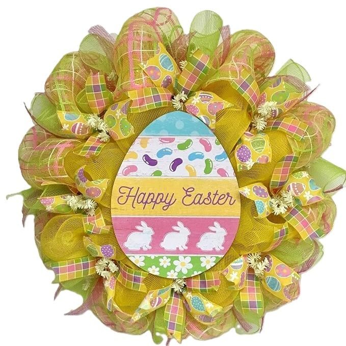 Yellow Plaid Easter Egg Deco Mesh Handmade Wreath. Available in 24 inch and 28 inch diameters.