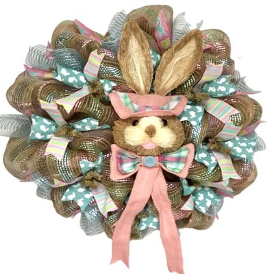 Easter Bunny Bonnet Handmade Deco Mesh Wreath. Available in 24 inch and 28 inch diameters.