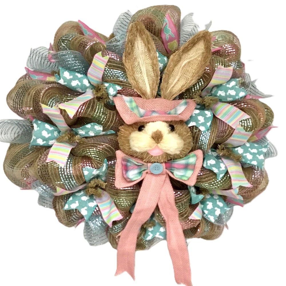 Easter Bunny Bonnet Handmade Deco Mesh Wreath. Available in 24 inch and 28 inch diameters.