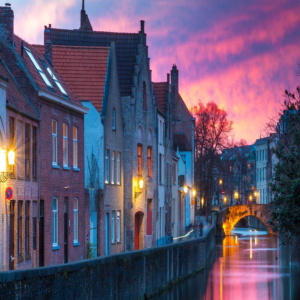 Iconic Arts Laminated 24x36 Poster: Canal Between Belgium Bridge Bruges and Building 4k 5k hd Travel HD