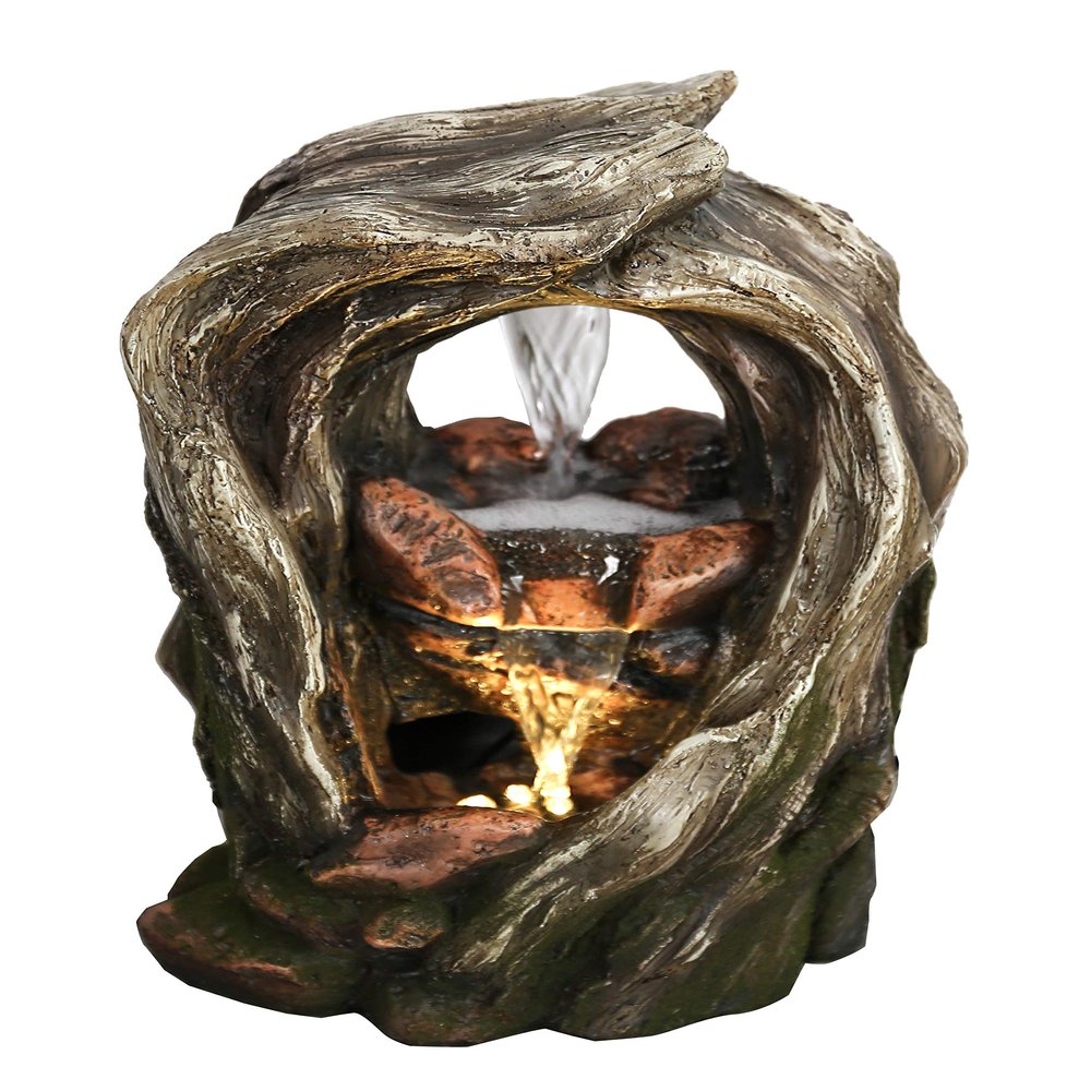 Hi-Line Gift Ltd. TREETRUNK Tabletop Fountain with Warm White LED Lights, Natural/Brown