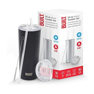BUILT Double Walled Stainless Steel Tumbler Set with Replacement Lid, 2 Reusable Tritan Wire Straw Cleaning Brush in Gift Box, 20 Ounce, Black