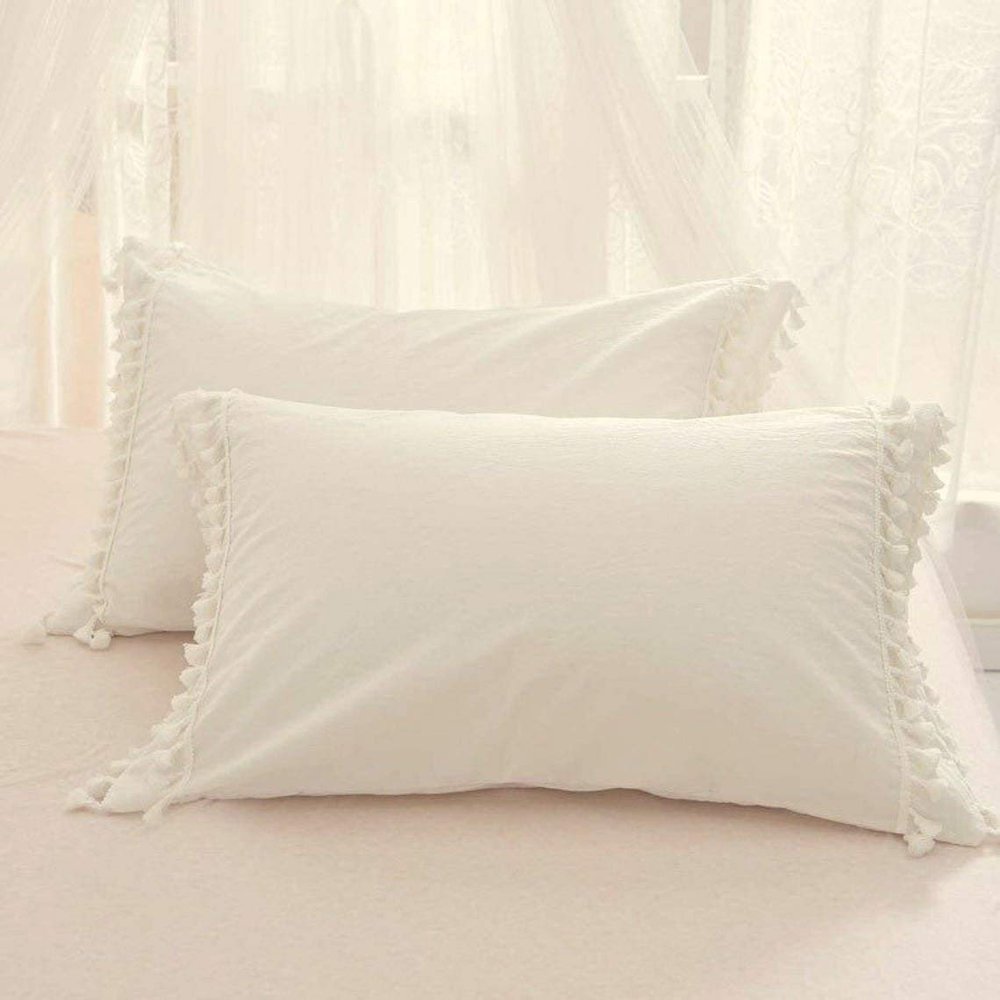 Bed Fringes Bedding Pom Pom UO Pillow Throw Cover Cushion Bed Bohemian Sham Sofa Tassels Cotton Pillow Cover Set of 2 (Ivory Bell, 20x20 Inches)