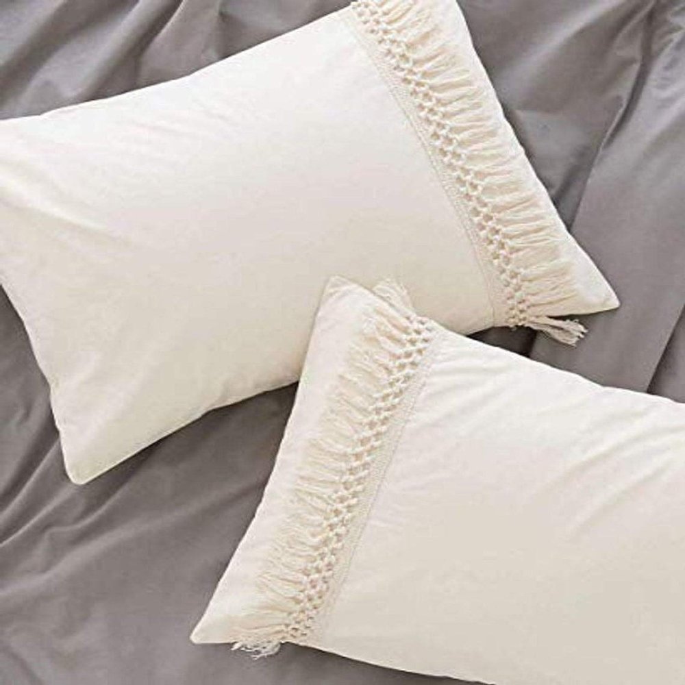 Bed Fringes Bedding Pom Pom UO Pillow Throw Cover Cushion Bed Bohemian Sham Sofa Tassels Cotton Pillow Cover Set of 2 (Ivory Tassels, 16x24 Inches)