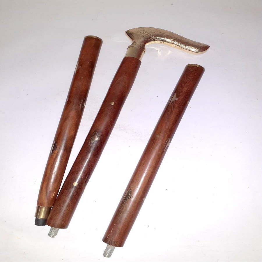 Ganga Nautical Walking Stick Handcrafted with Brass Handle in T Shape Walking Stick for Women Old Age Materials Solid Brass and Solid Wooden