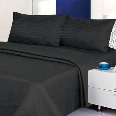 Myrtle Collection Damask Stripe Premium Quality 550-TC Egyptian Cotton 4-PCs Sheet Set Fits 10-12 Inch Deep Pockets (1 Fitted, 1 Flat, 2 Pillowcase) Best-Bedding Set(King Size, Black)