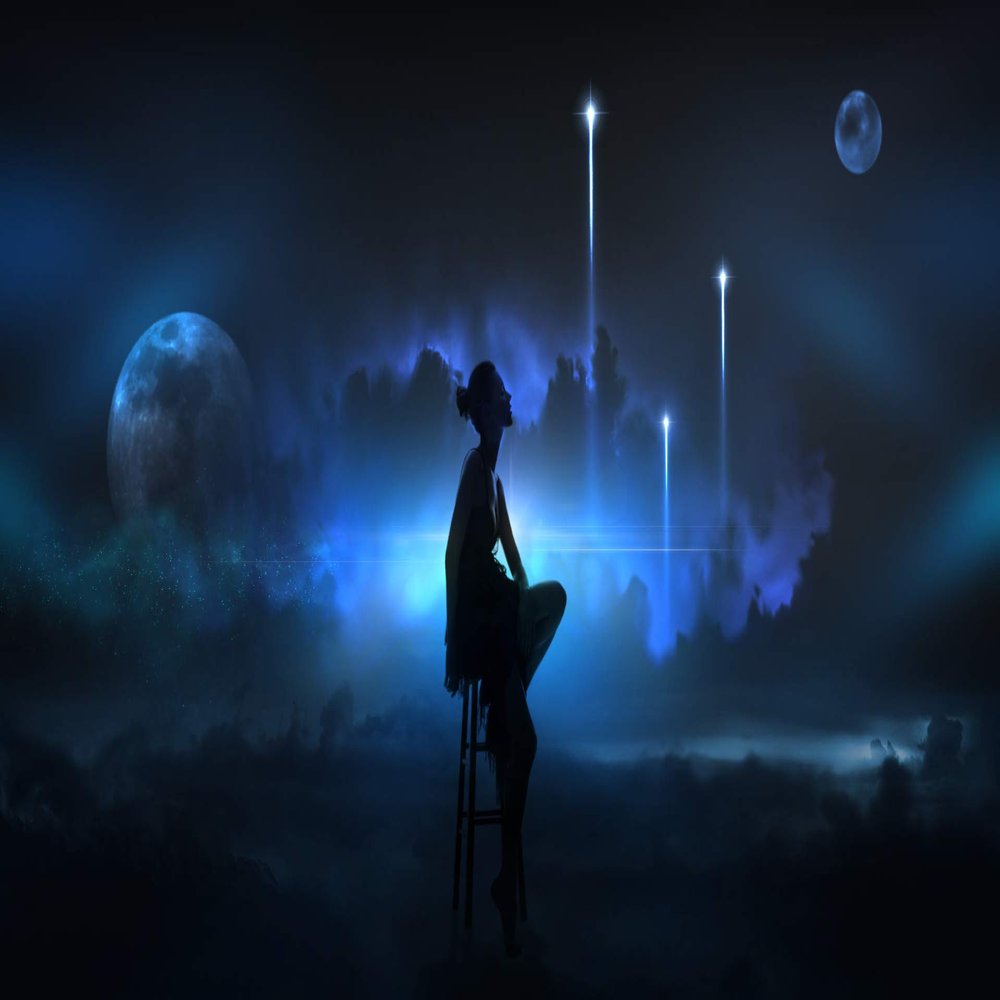 Iconic Arts Laminated 24x36 Poster: Woman is Sitting on Chair in Space Background hd Trippy HD