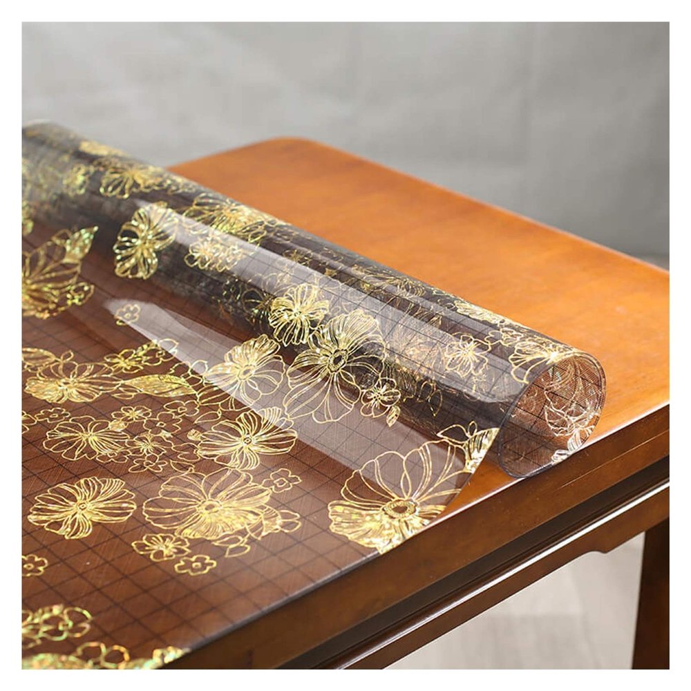 CHHD Table Top Protectors, 1.0mm/1.5mm Thickened Black Gold Clip Flower Translucent Soft Glass Tablecloth Rectangular Plastic Desk Pad for Dining Table TV Cabinet Office Floor Mat
