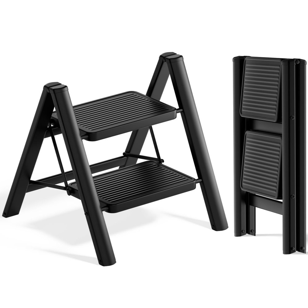 SOLADDER Step Stool, 2 Step Ladder with Anti-Slip and Wide Pedal, Folding Portable Iron Stepladder for Home and Kitchen, 300lbs - Black
