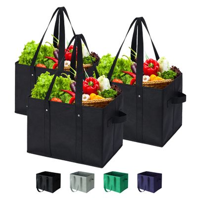 CHUENG Reusable Kitchen Grocery Standing Up Bags Heavy Duty Folding Shopping Tote Bag With Long Handles, Black, Large, 3 Pack