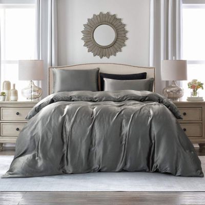 100% Satin 1 Piece Grey Queen/Full Size Satin Duvet Cover Set, High Thread Count,Ultra Soft Silk Like Satin Bedding Set with Zipper & Corner Ties All Seasons Comforter Cover 4 Pillow Shams