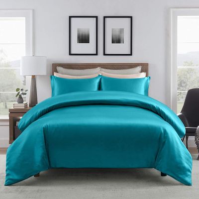 100% Satin 1 Piece Emerald Green Oversized King Size Satin Duvet Cover Set, High TC Silk Like Satin Bedding Set with Zipper & Corner Ties All Seasons Comforter Cover 4 Pillow Shams