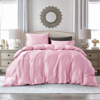 100% Satin 1 Piece Pink Queen/Full Size Satin Duvet Cover Set, High Thread Count,Ultra Soft Silk Like Satin Bedding Set with Zipper & Corner Ties All Seasons Comforter Cover 4 Pillow Shams