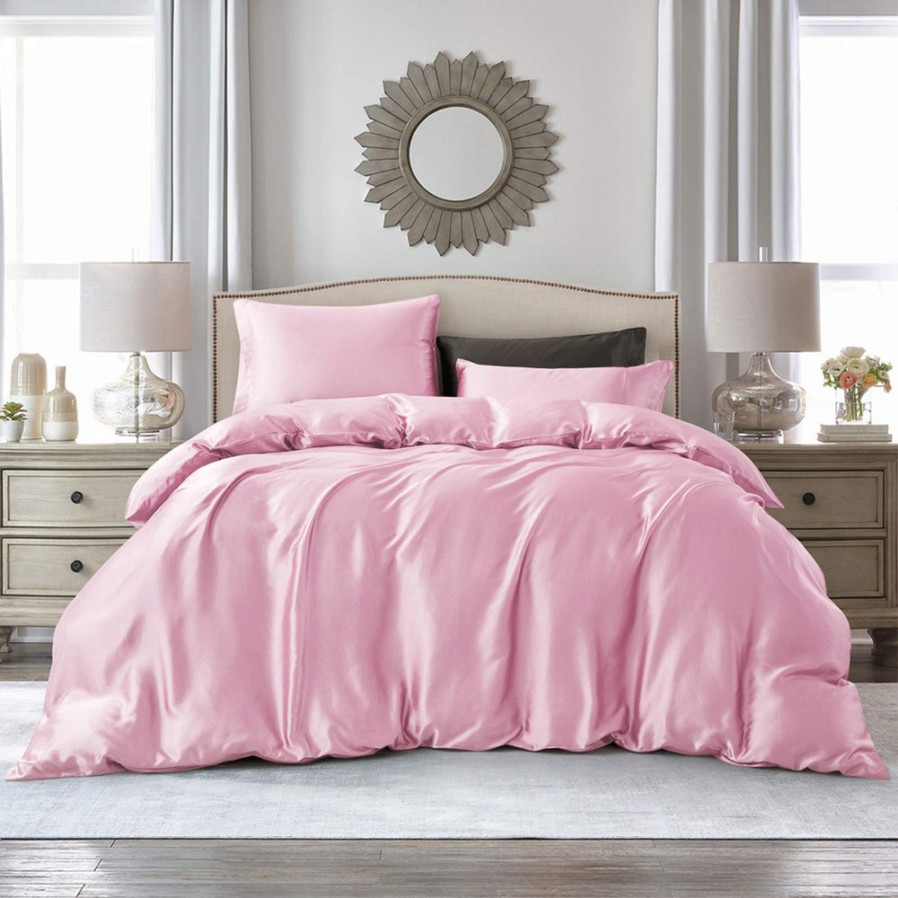 100% Satin 1 Piece Pink Queen/Full Size Satin Duvet Cover Set, High Thread Count,Ultra Soft Silk Like Satin Bedding Set with Zipper & Corner Ties All Seasons Comforter Cover 4 Pillow Shams