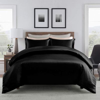 100% Satin 1 Piece Black Queen/Full Size Satin Duvet Cover Set, High Thread Count,Ultra Soft Silk Like Satin Bedding Set with Zipper & Corner Ties All Seasons Comforter Cover 4 Pillow Shams
