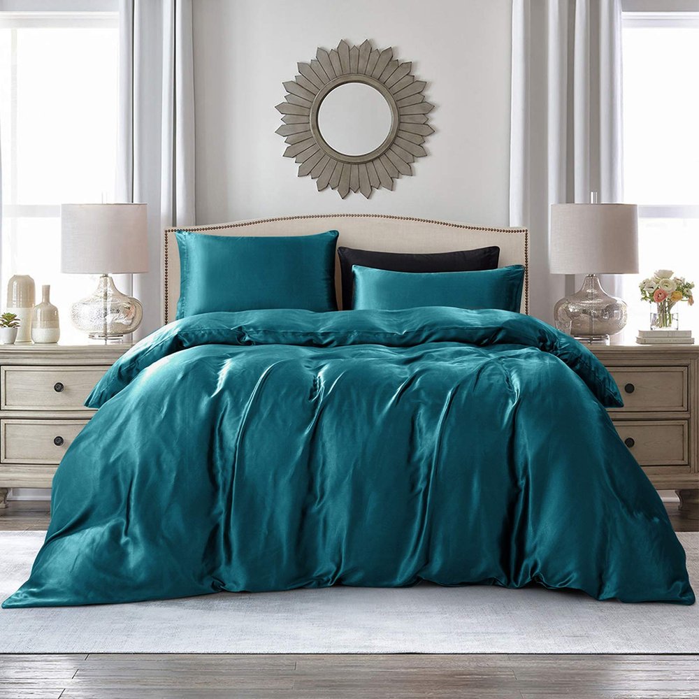 100% Satin 1 Piece Teal Cal-King/King Size Satin Duvet Cover Set, High Thread Count,Ultra Soft Silk Like Satin Bedding Set with Zipper & Corner Ties All Seasons Comforter Cover 4 Pillow Shams
