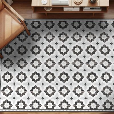 Carolina Creekhouse Vinyl Floor Mat 4'x6' - White Grey Geometric Floral - Waterproof Non-Slip Kitchen Rug - Hard Floor Safe - Eco-Friendly Flat Weave - 4'x6'