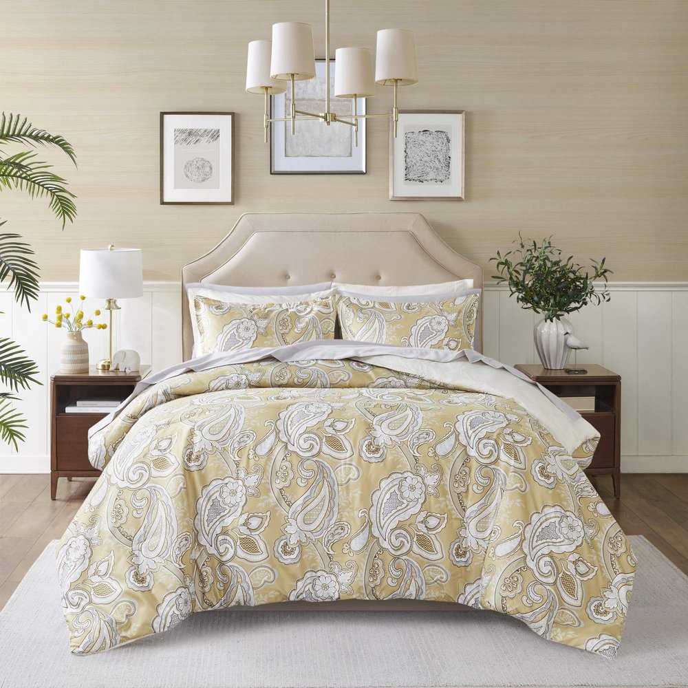 Madison Park Essentials Paisley Wheat 9 Piece Queen Microfiber Bed In A Bag Bedding Set with Trendy Casual Design, All Season, Matching Shams