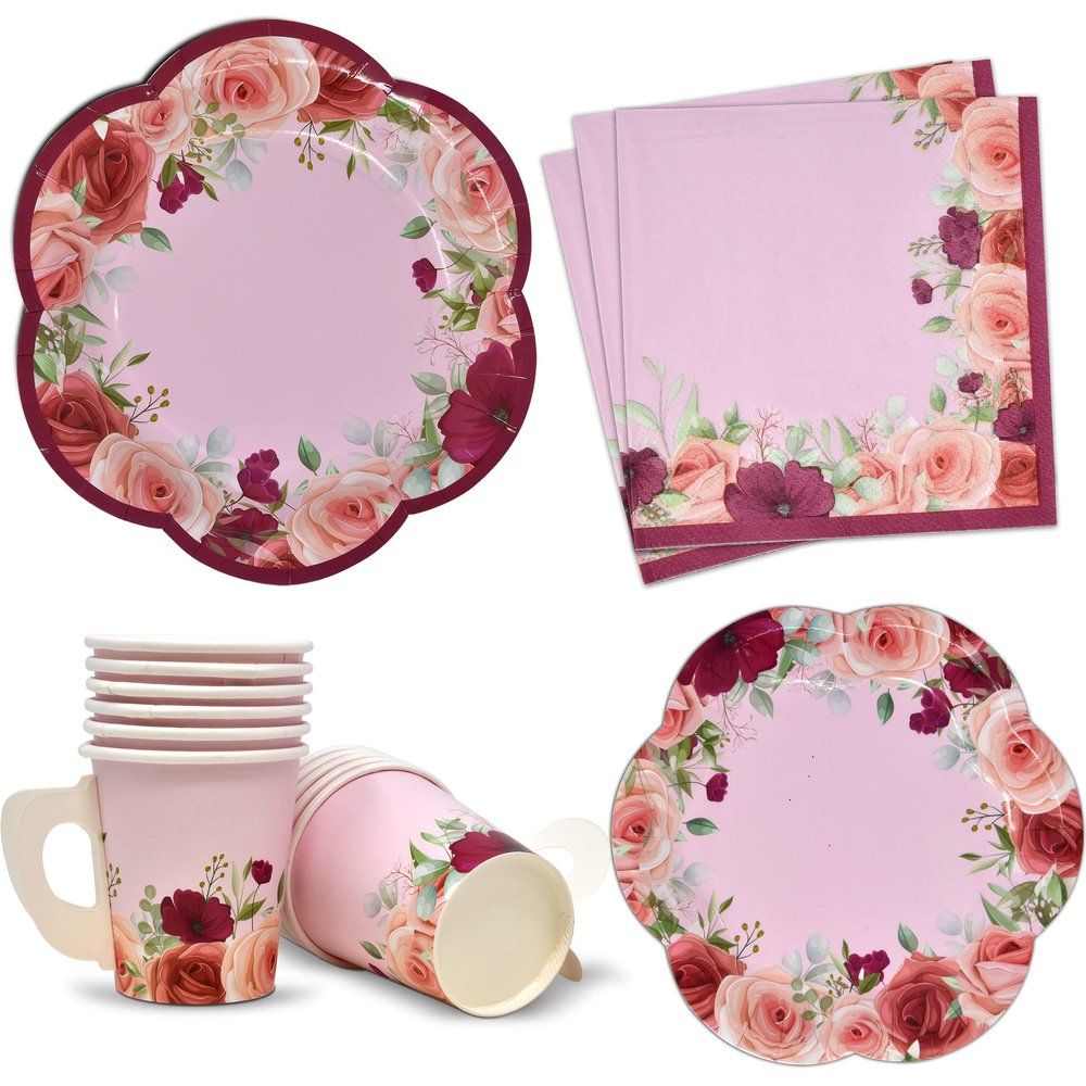 96 Pcs Floral Tea Party Supplies for 24 Disposable Tea Party Cups with Handle 7 5 Floral Paper Plates Paper Napkins for Birthday Bridal Shower