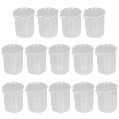 Bettomshin 14Pcs 50ml Resin Mixing Cups, PP Plastic Measuring Low Form Beaker, Liquid Measuring Cups, Graduated Beakers Multipurpose Mixing Cups Transparent for Lab Kitchen Liquids