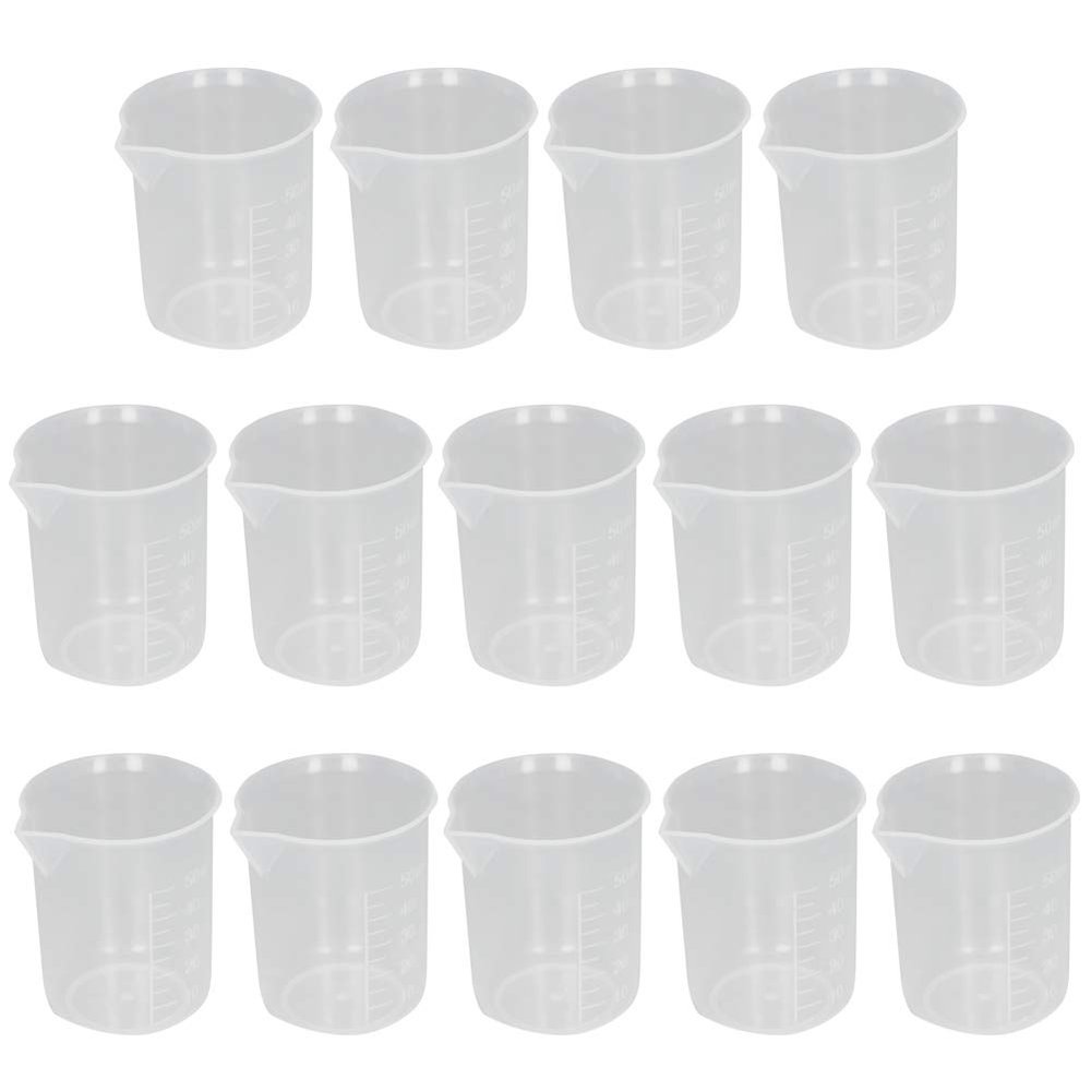 Bettomshin 14Pcs 50ml Resin Mixing Cups, PP Plastic Measuring Low Form Beaker, Liquid Measuring Cups, Graduated Beakers Multipurpose Mixing Cups Transparent for Lab Kitchen Liquids