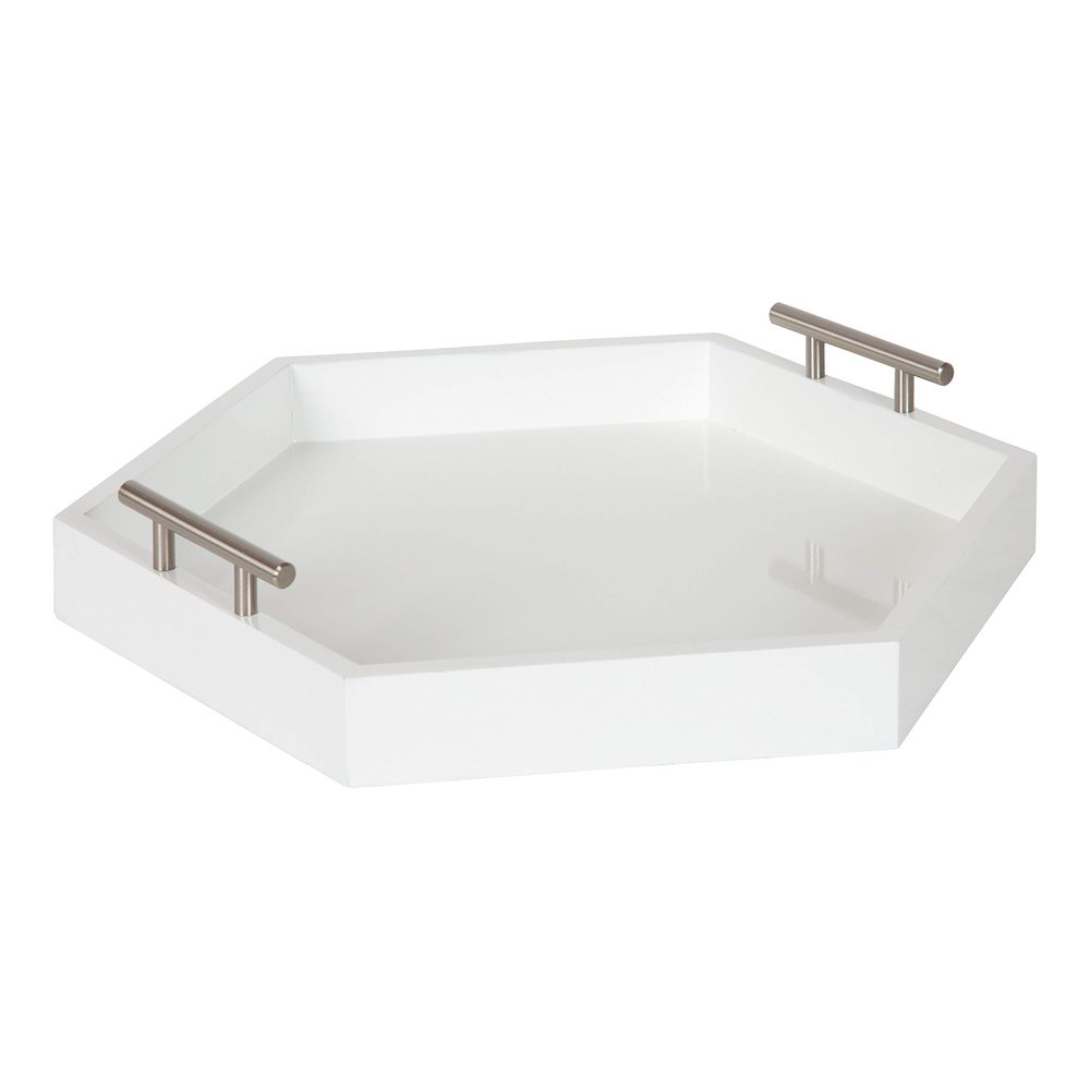 Kate and Laurel Lipton Modern Hexagon Tray, 18 x 18, White and Silver, Decorative Tray for Storage and Display