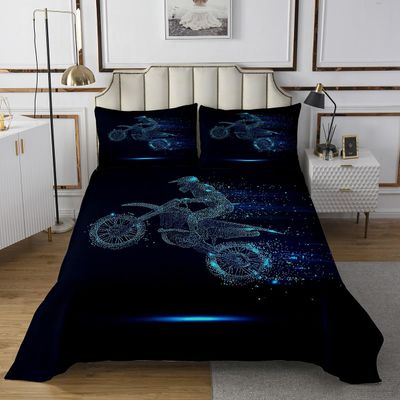Boy Dirt Bike Bedspread Queen Size, Motocross Rider Bedspread Motorbike Sport Game Coverlet Set For Kids Teens Adult, Motorcycle Extreme Sport Quilted Coverlet Bedroom Decor, Blue Tie Dye Quilt