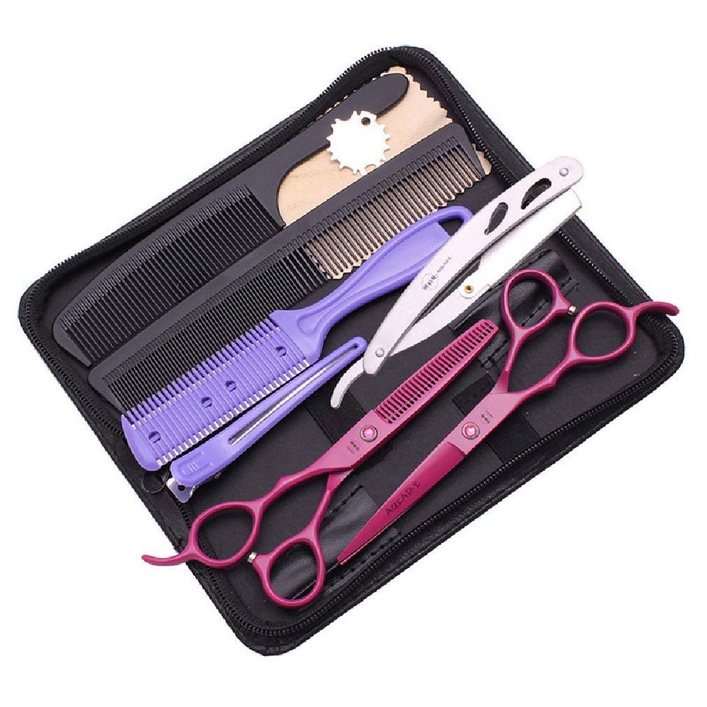 YODZ 5.5/6.0/7.0 Inch Left Handed Hairdressing Scissors Set, Barbers Professional Hair Cutting Scissors Styling Tool 10 Pcs Kit, Light and Sharp, for Men, Women,Pink,5.5 Inch A