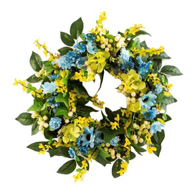 22 Inch Artificial Winter Jasmine Wreath, Silk Winter Jasmine Wreath with Green Leaves, Yellow Berries and Blue Daisy, Spring Wrea_th for Front Door Home Party Decor