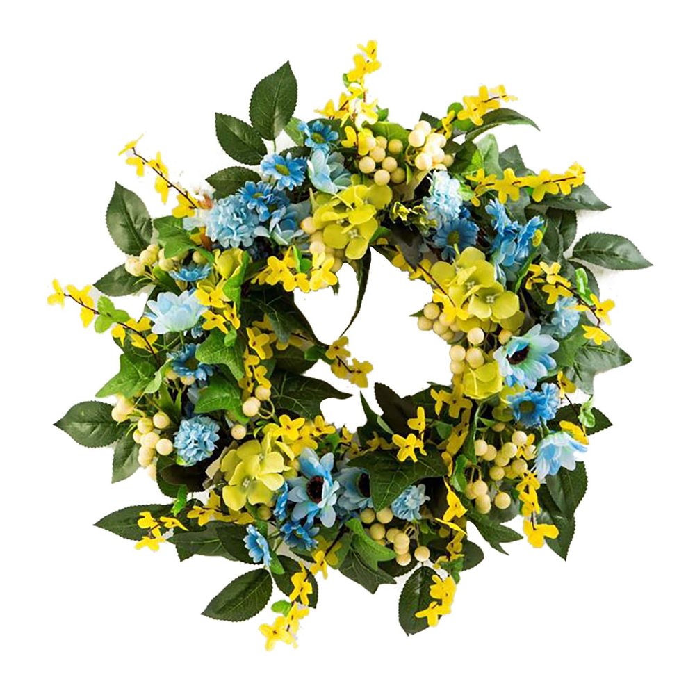 22 Inch Artificial Winter Jasmine Wreath, Silk Winter Jasmine Wreath with Green Leaves, Yellow Berries and Blue Daisy, Spring Wrea_th for Front Door Home Party Decor