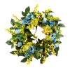 22 Inch Artificial Winter Jasmine Wreath, Silk Winter Jasmine Wreath with Green Leaves, Yellow Berries and Blue Daisy, Spring Wrea_th for Front Door Home Party Decor view 1