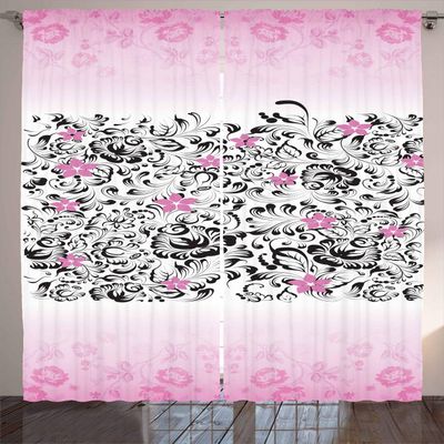 Ambesonne Black and Pink Curtains, Curly Romantic Flowers in Pinkish Colors Pattern, Living Room Bedroom Window Drapes 2 Panel Set, 108" X 90", Pink and Charcoal Grey